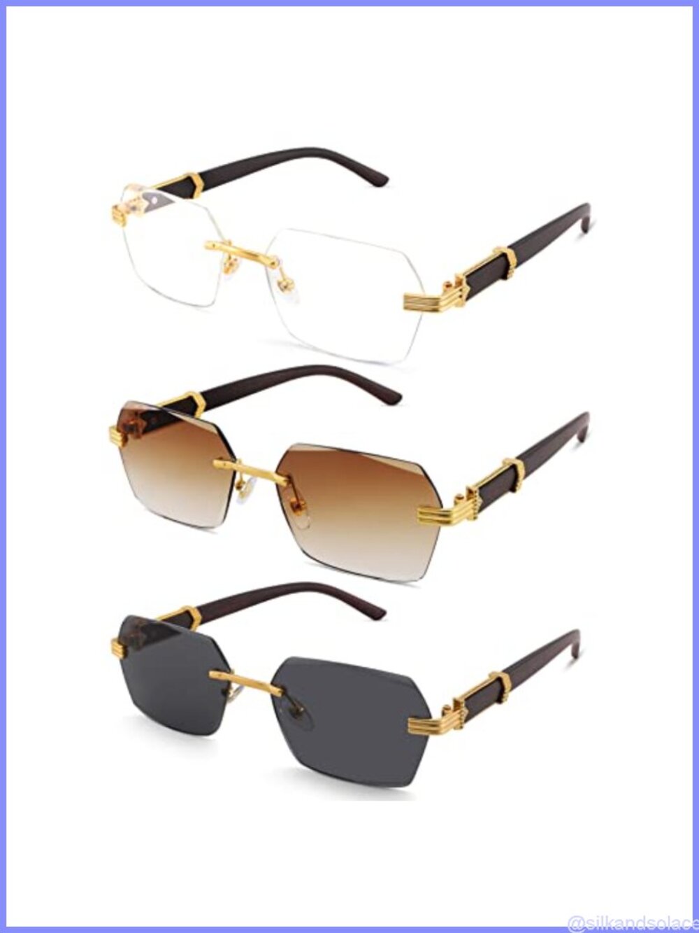 Rimless Rectangle Sunglasses Retro Y2K Square UV400 with Imitation Wood Temples